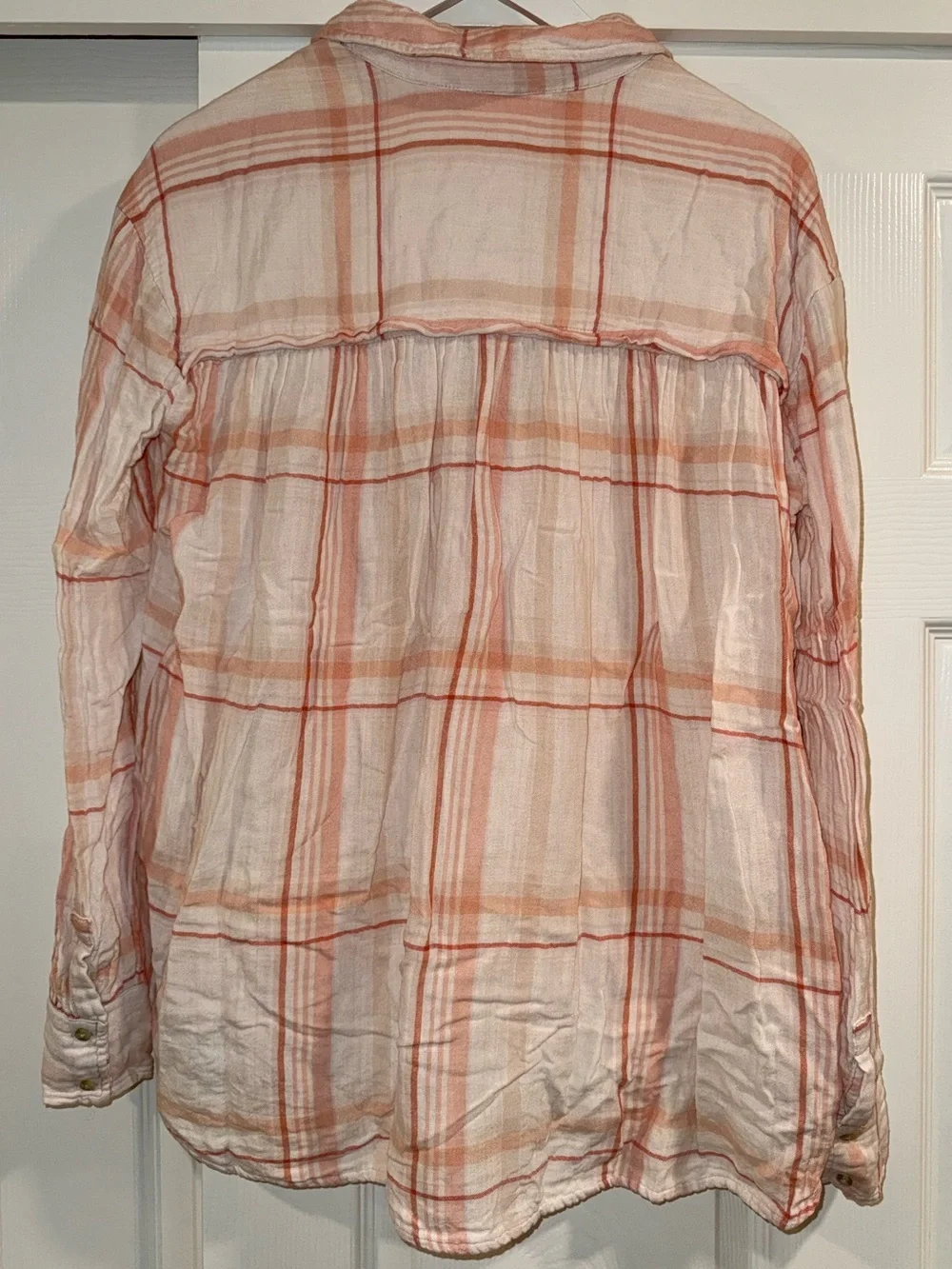 Free People Pink and Peach Plaid Oversized Cotton Gauze Button Shirt